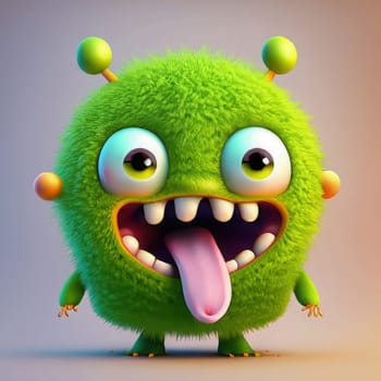 Funny green monster with big eyes. Cartoon character. 3d rendering. AI Generated.