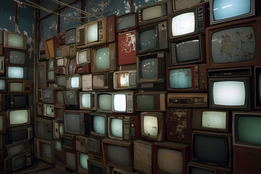 Many old analog tv sets stacked along the wall. Digital neural network generated image. Not based on any actual scene or pattern.