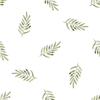 Watercolor green branch seamless pattern on white background for fabric, textile, wrapping, branding, scrapbook
