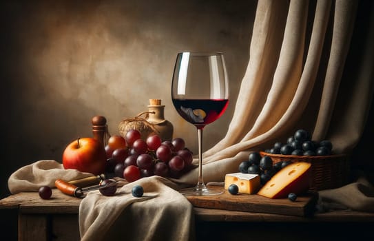 An artistic still life arrangement with a glass of red wine, cheese, and fruit on a rustic wooden table, capturing the essence of a timeless and elegant scene. High quality illustration
