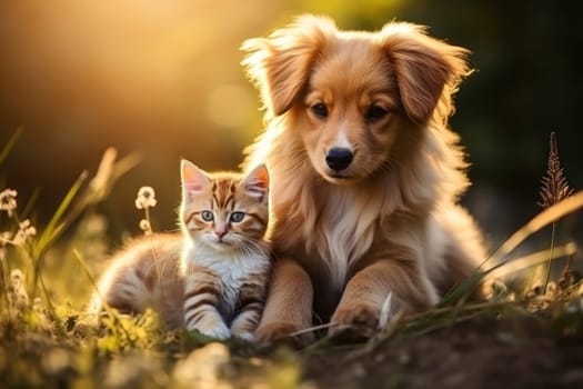 Cute kitty and puppy cudgeling together isolated .generative AI.