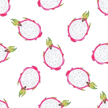 Watercolor dragon fruit cut seamless pattern on white background for fabric, textile, wrapping, branding, scrapbook