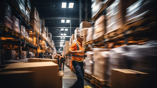 Logistics business warehouse, shipment and loading concept. workers in reflective vests blurred with movement. Staff in a warehouse move between storage racks, motion blur background transport. High quality photo