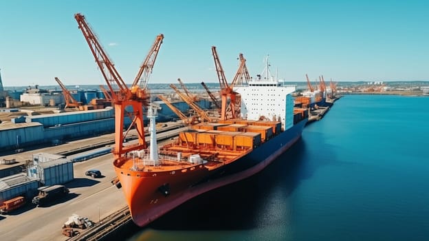 Container stack and ship under crane bridge. High quality photo