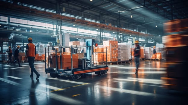 Logistics business warehouse, shipment and loading concept. workers in reflective vests blurred with movement. Staff in a warehouse move between storage racks, motion blur background transport. High quality photo
