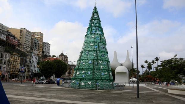 salvador, bahia, brazil - january 5, 2024: christmas tree made with pet carrafas and other recyclable materials in the city of Salvador.