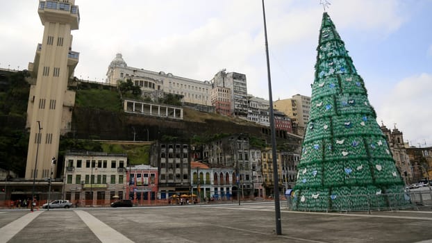 salvador, bahia, brazil - january 5, 2024: christmas tree made with pet carrafas and other recyclable materials in the city of Salvador.