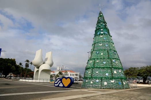 salvador, bahia, brazil - january 5, 2024: christmas tree made with pet carrafas and other recyclable materials in the city of Salvador.