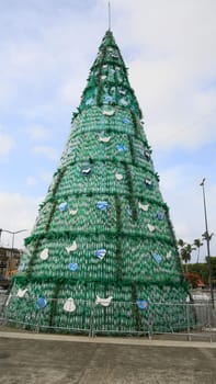 salvador, bahia, brazil - january 5, 2024: christmas tree made with pet carrafas and other recyclable materials in the city of Salvador.