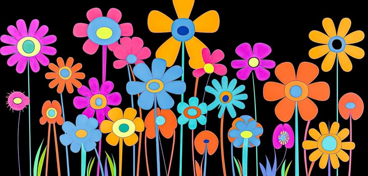 Set of minimalistic beautiful garden and field flowers isolated on black background. Versatile collection perfect for various design projects.