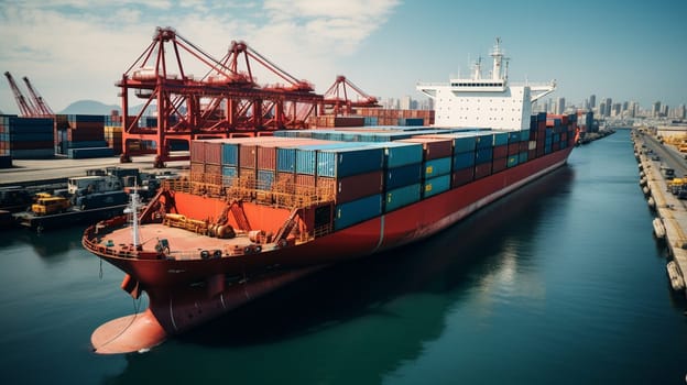 Container stack and ship under crane bridge. High quality photo