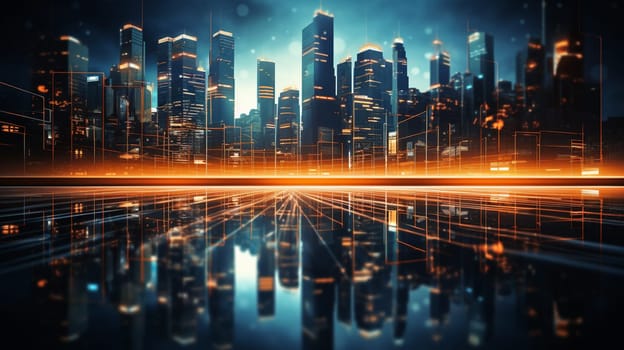 Financial graphs and digital indicators overlap with modernistic urban area, skyscrabber for stock market business concept. Double exposure. High quality photo