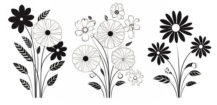 Hand drawn black silhouettes of grass, flowers, herbs, and various insects isolated on a white background. Sketch style illustration perfect for various design projects.