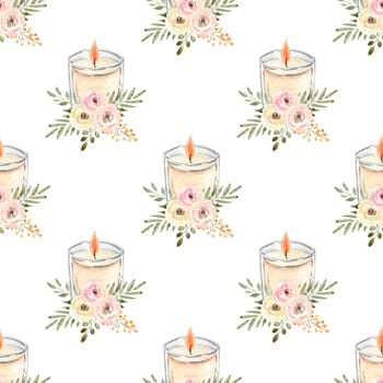Watercolor burning candle in glass with flowers seamless pattern on white background for fabric, textile, wrapping, branding, scrapbook