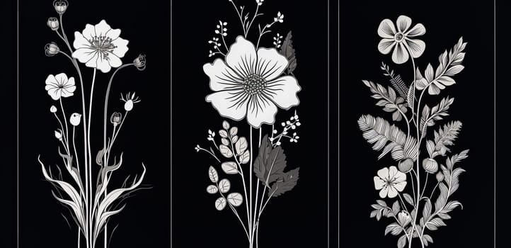 Hand drawn black silhouettes of grass, flowers, herbs, and various insects isolated on a white background. Sketch style illustration perfect for various design projects.