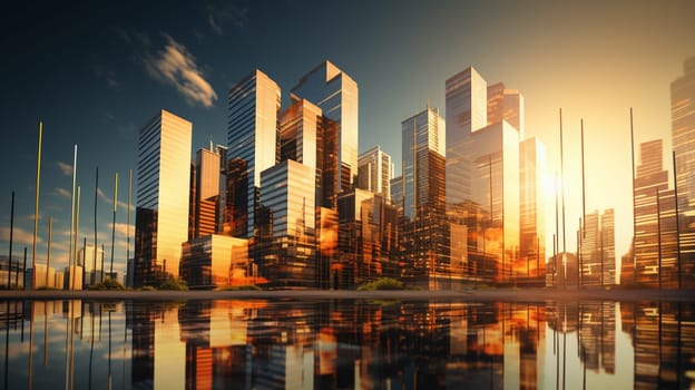 Science fiction novel book cover template - Modern megapolis skyline and huge alien planet reflecting in tranquil waters at sunset digital illustration. Elements of this image are furnished by NASA. High quality photo