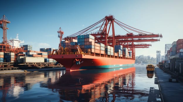 A large container cargo ship is beeing loaded in a commercial dock during sunset. High quality photo