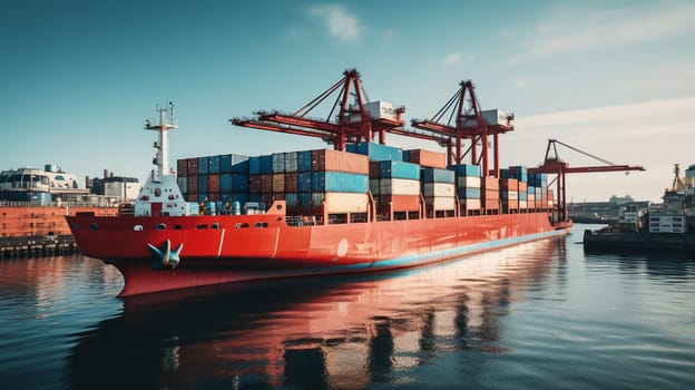 Arial view camera transportation on open blue sea logistics and container dock cargo yard with crane bridge in shipyard with transport logistic import export with blue sky background. High quality photo