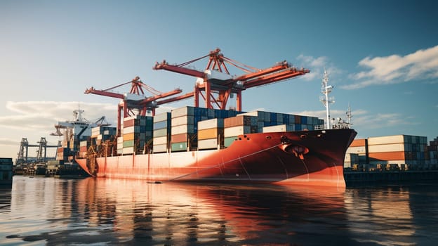 A large container cargo ship is beeing loaded in a commercial dock during sunset. High quality photo