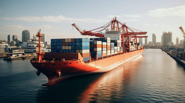 Arial view camera transportation on open blue sea logistics and container dock cargo yard with crane bridge in shipyard with transport logistic import export with blue sky background. High quality photo