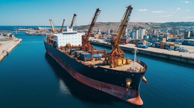 Container stack and ship under crane bridge. High quality photo