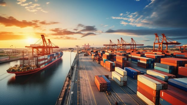 A large container cargo ship is beeing loaded in a commercial dock during sunset. High quality photo