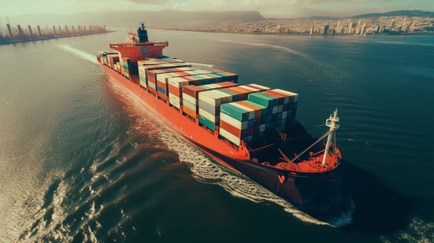 Aerial top view containers ship cargo business commercial logistic and transportation international import export by container freight cargo ship in the open seaport show ocean network on map. High quality photo