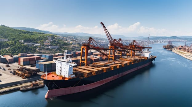 Arial view camera transportation on open blue sea logistics and container dock cargo yard with crane bridge in shipyard with transport logistic import export with blue sky background. High quality photo