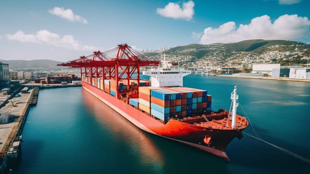 Arial view camera transportation on open blue sea logistics and container dock cargo yard with crane bridge in shipyard with transport logistic import export with blue sky background. High quality photo