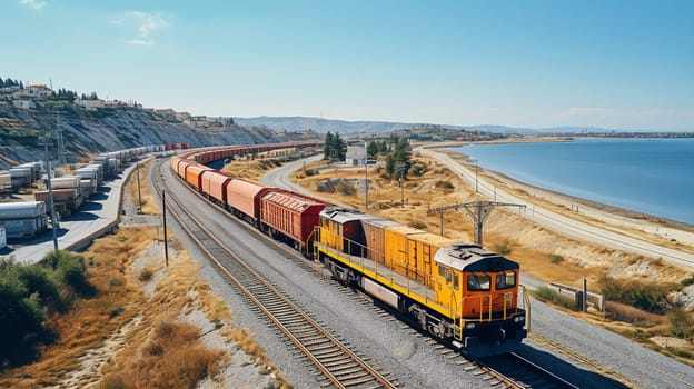 Long, double boxcar freight train traveling through a field in Idaho, USA. High quality photo