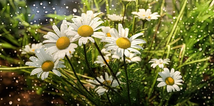 Close up soft focus nature background featuring wild camomile flowers. Capturing the delicate beauty of nature up close.