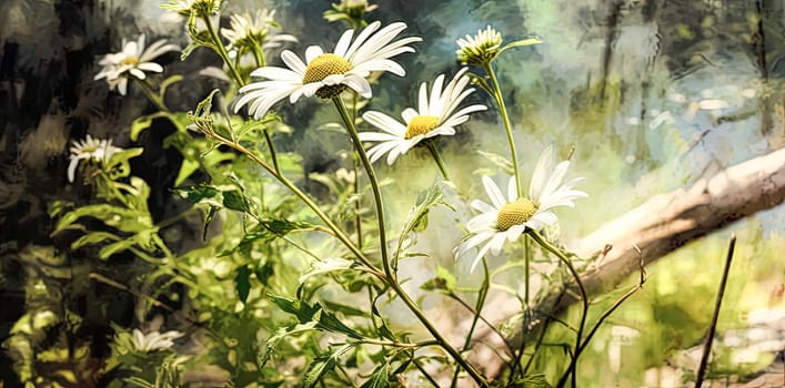 Close up soft focus nature background featuring wild camomile flowers. Capturing the delicate beauty of nature up close.