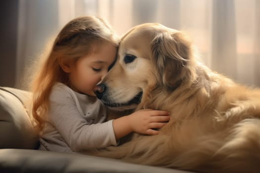 child hugging a friendly dog pet, showing affection .generative ai.