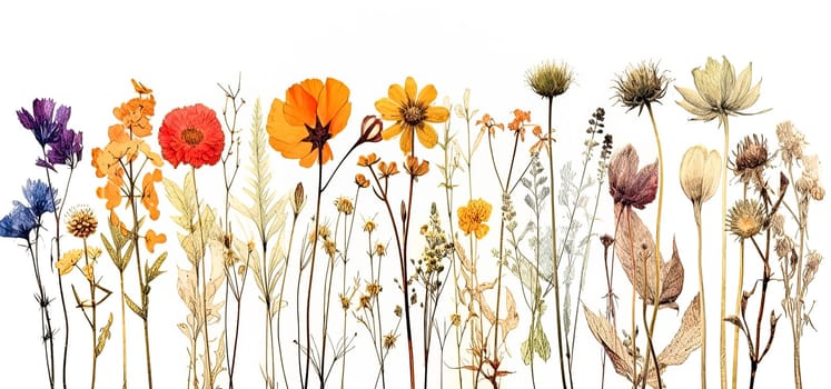 A stunning set of beautiful dried meadow flowers showcased against a white background. Perfect for various design projects and floral arrangements.