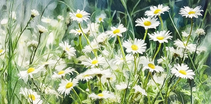 Close up soft focus nature background featuring wild camomile flowers. Capturing the delicate beauty of nature up close.