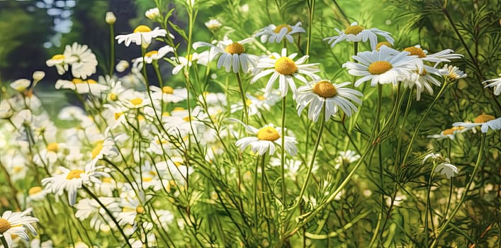 Close up soft focus nature background featuring wild camomile flowers. Capturing the delicate beauty of nature up close.