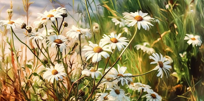 Close up soft focus nature background featuring wild camomile flowers. Capturing the delicate beauty of nature up close.