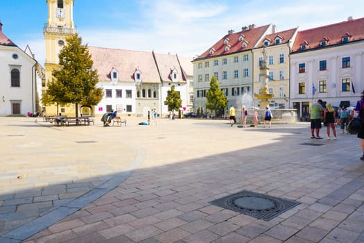 Bratislava, Slovakia, August 25, 2023: View of Bratislava main square with the city hall in the background