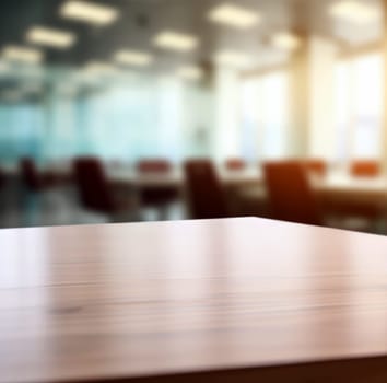 Empty wooden table and chairs in a modern meeting room with city view. Generative AI.