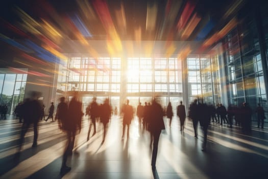 business person Moving crowd motion blurred background. Hand edited generative AI..