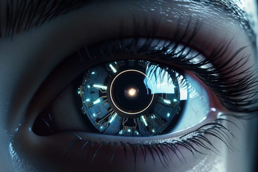 Futuristic woman eye display cyberspace concept science. AI generative.