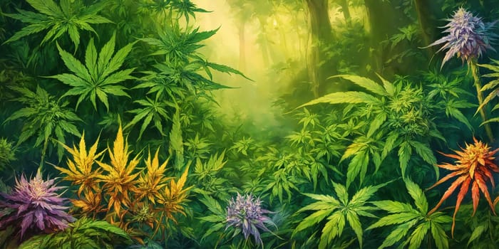 Cannabis bushes grow on a dark background. Generative AI. High quality photo