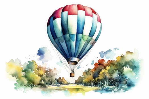This watercolor illustration depicts charming hot air balloon adorned with floral designs, floating gracefully in the sky. Perfect for whimsical designs.