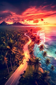 An illustration capturing the scenic view of a road winding between mountains and a tranquil sea beach at sunset. A picturesque coastal landscape scene.