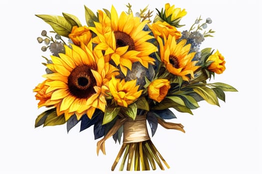 Isolated on a white background, this watercolor rustic farmhouse sunflower bouquet exudes warmth and charm, perfect for various design projects.