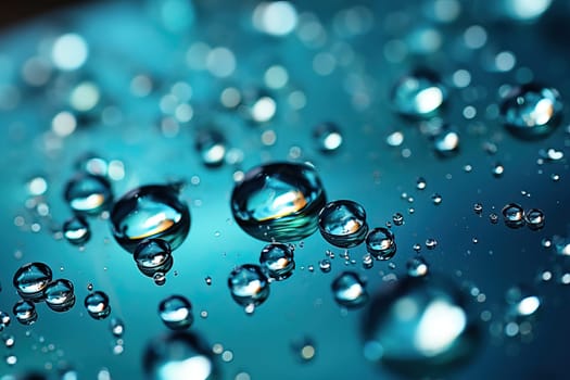 Transparent macro drops on blue aquamarine background, blue texture with transparent drops.