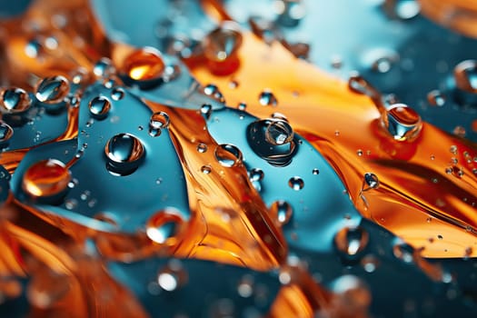 Abstract background with aquamarine and orange drops, macro water drop texture, orange and blue drops.