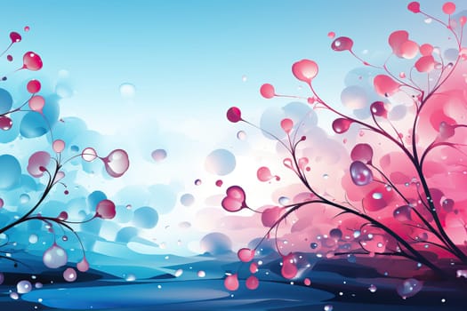 Abstract background in pink and blue background with liquid drops and waves.