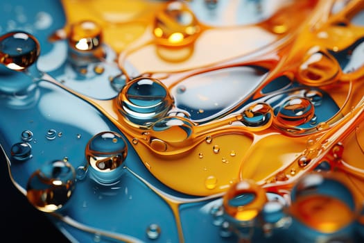 Abstract background with aquamarine and orange drops, macro water drop texture, orange and blue drops.