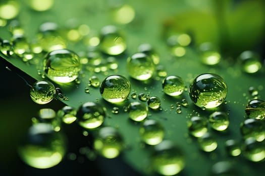 Green texture with round drops of liquid, drops of water and glycerin, illuminated by macro drops on a green background.